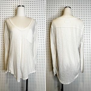Free People | Long Sleeve White Pocket Tee‎ w/ Scoop Neck, Oversized Fit
